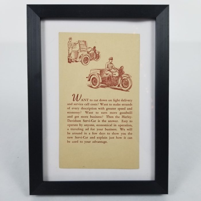 Framed Original 1947 Harley-Davidson Servi-Car Postcard