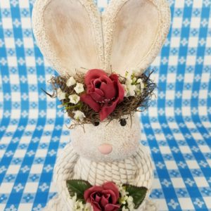 Farmhouse Chic` Hand-painted Ceramic Rabbit with Burgendy Flowers