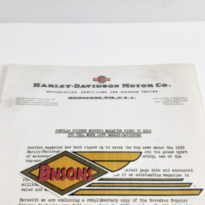 ORIGINAL HARLEY 1939 FACTORY LETTERHEAD (ADVERTISING)-KNUCKLEHEAD