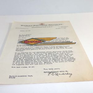 ORIGINAL HARLEY 1939 FACTORY LETTERHEAD – KNUCKLEHEAD