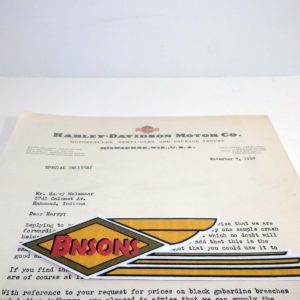 ORIGINAL HARLEY 1939 FACTORY LETTERHEAD – KNUCKLEHEAD