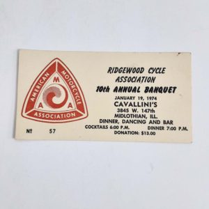 Authentic Original 1974 “Ridgewood Cycle Assoc.” AMA Banquet Ticket Harley