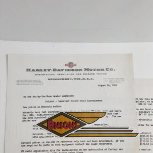 ORIG HARLEY 1950 FACTORY LETTERHEAD RADIO PRICE LIST- PANHEAD, KNUCKLEHEAD