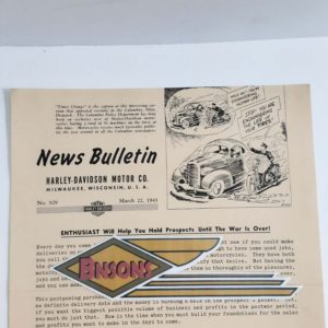 ORIGINAL HARLEY DEALER 1943 NEWS BULLETIN #929 – KNUCKLEHEAD