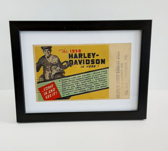 Framed Original Harley-Davidson 1938 New Model Intro Postcard