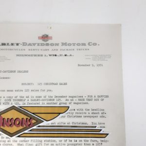 ORIGINAL HARLEY 1951 FACTORY LETTERHEAD(125 XMAS SALES)-KNUCKLEHEAD