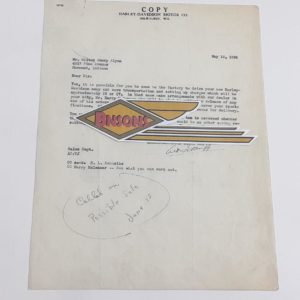 ORIGINAL HARLEY 1936 FACTORY LETTERHEAD (CUSTOMER DRIVE AWAY) – KNUCKLEHEAD