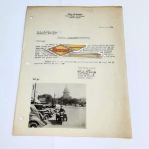 ORIG 1936  CITY OF AUSTIN “TESTIMONIAL”-HARLEY, KNUCKLEHEAD