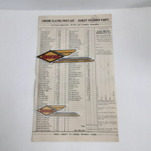 ORIGINAL HARLEY 1940’s CHROME PLATING PRICE LIST (PERIOD ACCY)- KNUCKLEHEAD