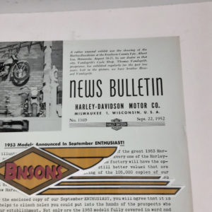 ORIGINAL HARLEY DEALER 1952 NEWS BULLETIN #1169 – KNUCKLEHEAD