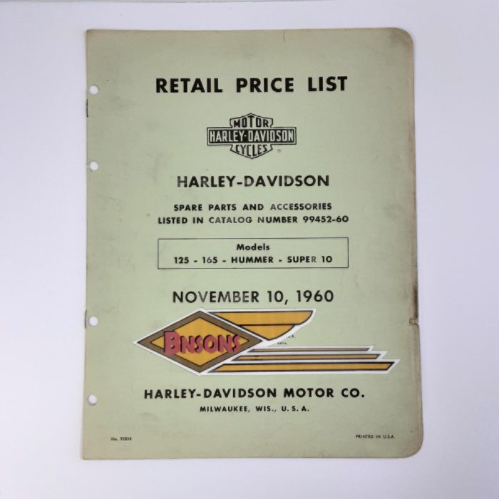 ORIGINAL HARLEY 1960 FACTORY HUMMER PRICE LIST- KNUCKLEHEAD