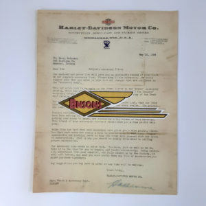 ORIGINAL HARLEY 1934 FACTORY LETTERHEAD (ACCESSORY PRICES)- VL, KNUCKLEHEAD