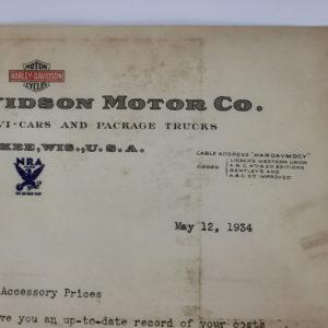 ORIGINAL HARLEY 1934 FACTORY LETTERHEAD (ACCESSORY PRICES)- VL, KNUCKLEHEAD