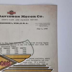 ORIGINAL HARLEY 1948 FACTORY LETTERHEAD (125 FRAME REPLACEMENTS)- KNUCKLEHEAD