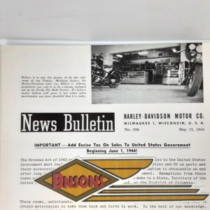 ORIGINAL HARLEY DEALER 1944 NEWS BULLETIN #958 – KNUCKLEHEAD