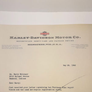 ORIGINAL HARLEY 1942 FACTORY LETTERHEAD (PURCHASE PLAN)- KNUCKLEHEAD