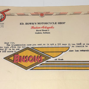 ORIG 1940’s INDIAN DEALER LETTERHEAD (ED HOWK) GOSHEN, IND-HARLEY KNUCKLEHEAD