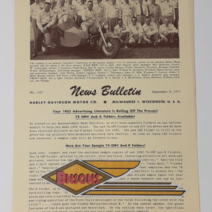 ORIGINAL HARLEY DEALER 1952 NEWS BULLETIN #1167 – PANHEAD, KNUCKLEHEAD