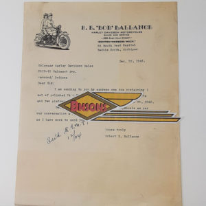 ORIGINAL HARLEY 1945 DEALER LETTERHEAD (R.E. BOB BALLANCE)-KNUCKLEHEAD