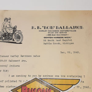 ORIGINAL HARLEY 1945 DEALER LETTERHEAD (R.E. BOB BALLANCE)-KNUCKLEHEAD