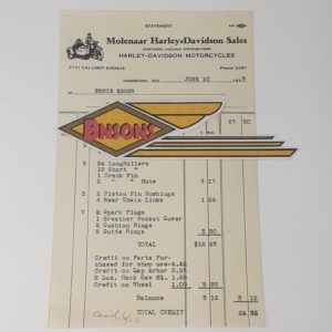 ORIGINAL HARLEY 1939 DEALER SALE RECEIPT (MOLENAAR H-D)- KNUCKLEHEAD