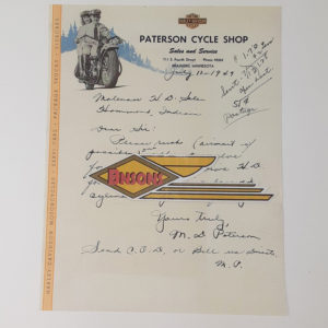 ORIGINAL HARLEY 1947 DEALER LETTERHEAD (PATERSON CYCLE SHOP) – KNUCKLEHEAD