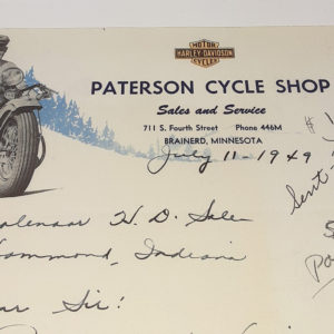 ORIGINAL HARLEY 1947 DEALER LETTERHEAD (PATERSON CYCLE SHOP) – KNUCKLEHEAD