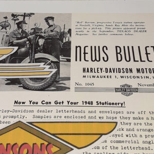 ORIGINAL HARLEY DEALER 1947 NEWS BULLETIN #1045 – KNUCKLEHEAD