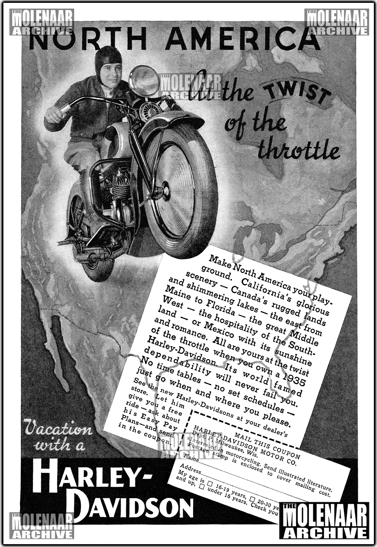Restored 1935 Harley-Davidson factory dealer advertising flyer for the VL Model, reproduced from the estate of Harry Molenaar as part of the Molenaar Dealer Archive Series.