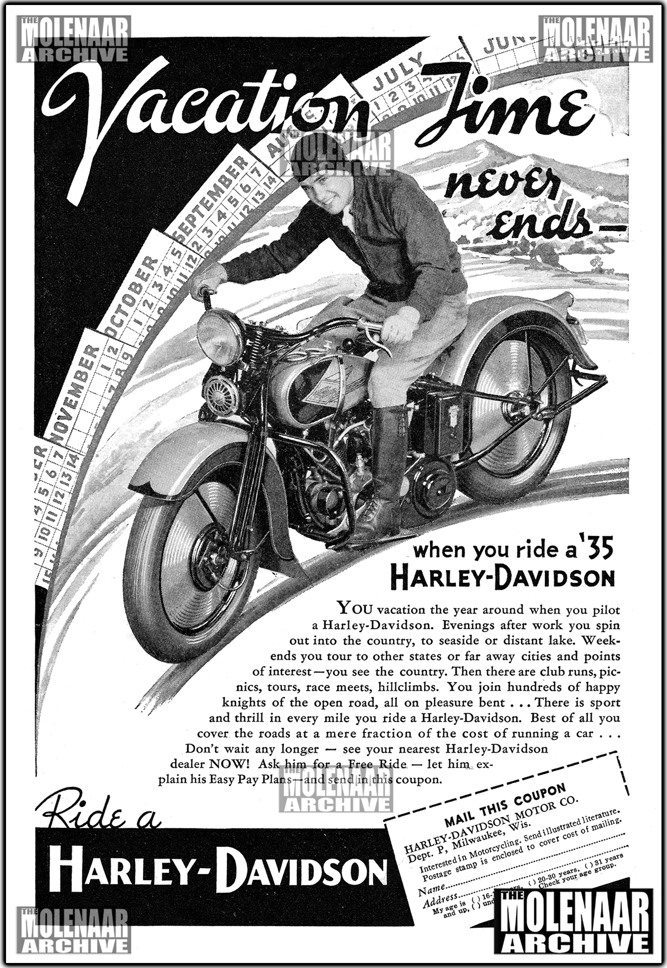 Restored 1935 Harley-Davidson Factory Dealer Advertisement featuring a 1935 VL model motorcycle as the transporation of choice for your next vacation.