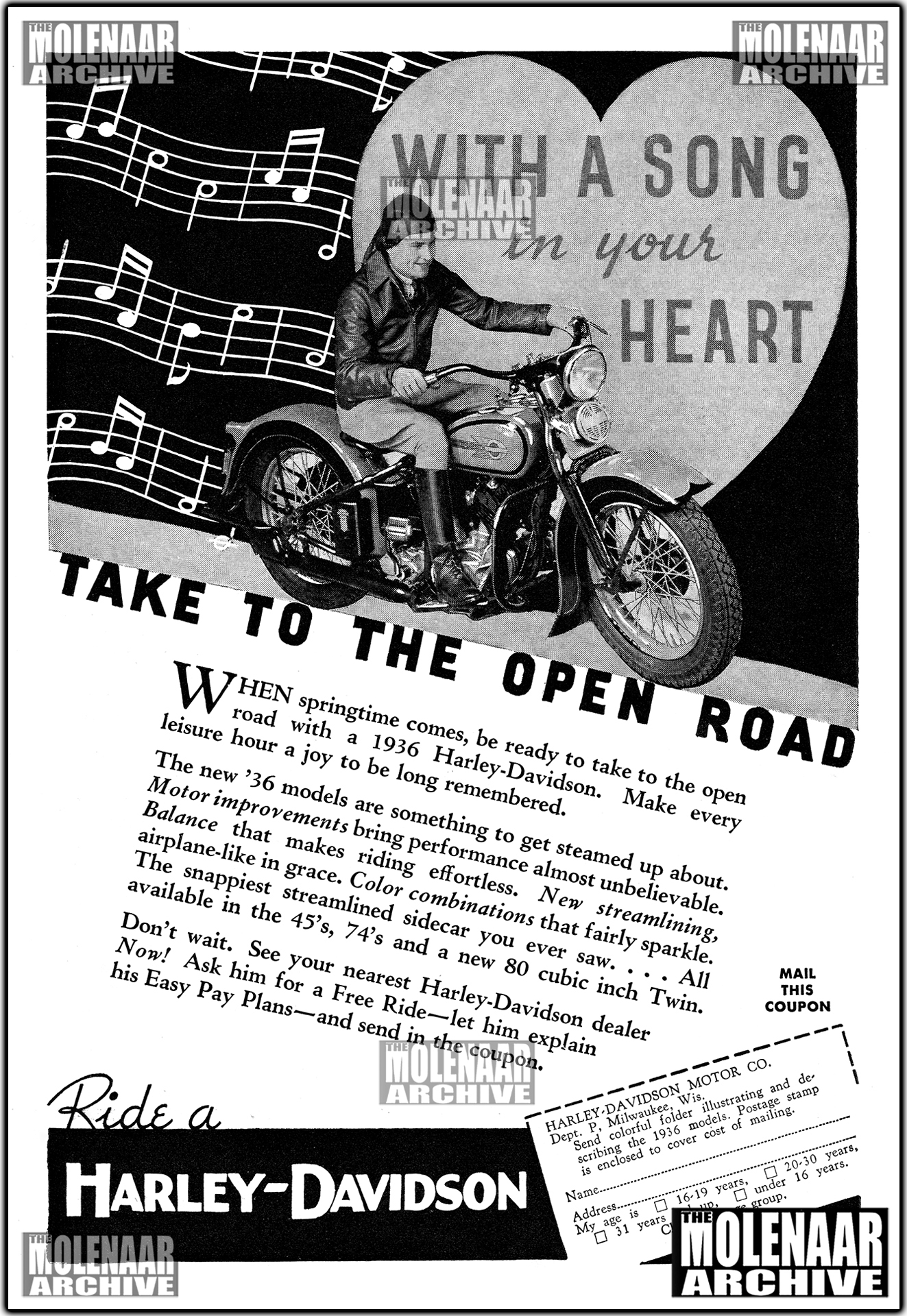 Restored 1936 Harley-Davidson factory dealer advertising flyer for all model including Knucklehead, reproduced from the estate of Harry Molenaar as part of the Molenaar Dealer Archive Series.