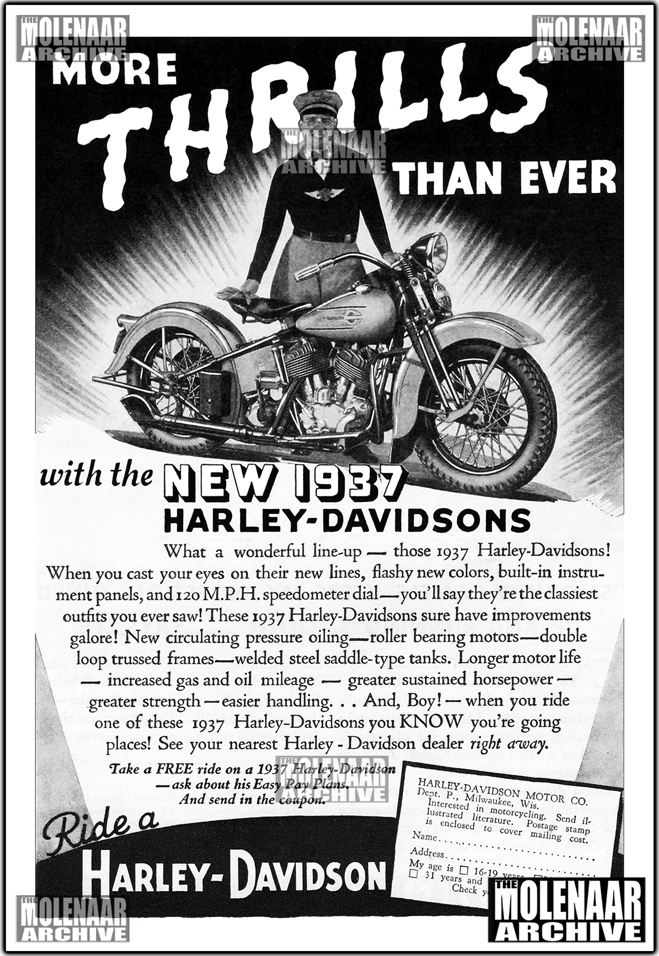 Restored 1937 Harley-Davidson factory dealer advertising flyer for new features on all 1937 models