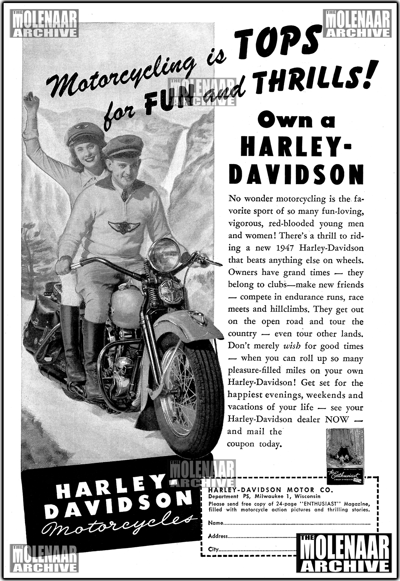 Restored 1947 Harley-Davidson factory dealer advertising flyer for the 1947Knucklehead Motorcycle, reproduced from the estate of Harry Molenaar as part of the Molenaar Dealer Archive Series.