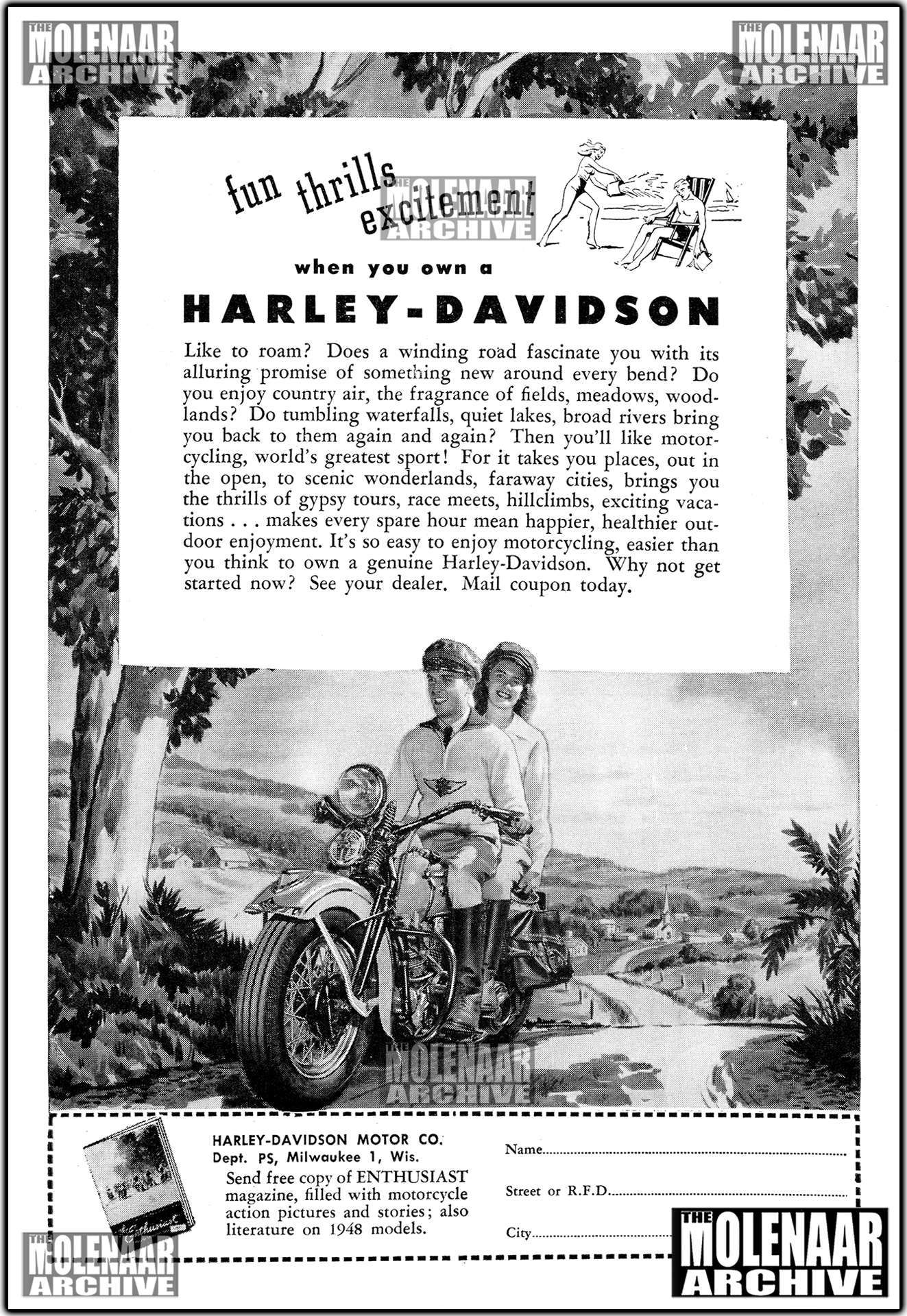 Restored 1948 Harley-Davidson factory dealer advertising flyer for the 1948 Panhead Motorcycle, reproduced from the estate of Harry Molenaar as part of the Molenaar Dealer Archive Series.