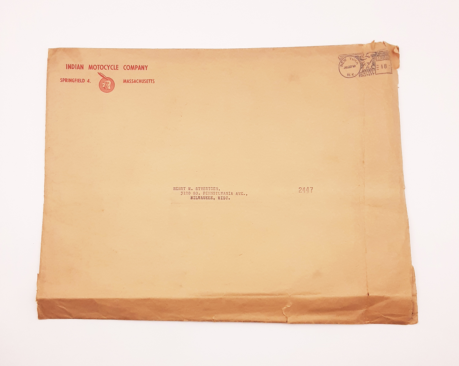 Original Vintage 1930's Indian Motocycle Company Literature Shipping Envelope