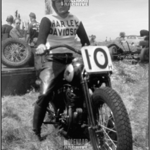 Vintage Molenaar Harley Race Photo – Harry on Leo Anthony’s Bike 1940s