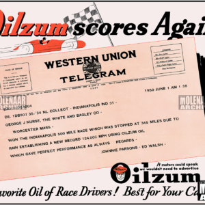 Vintage Oilzum Race Poster “Jonnie Parsons Indy 500 Record” June 1950