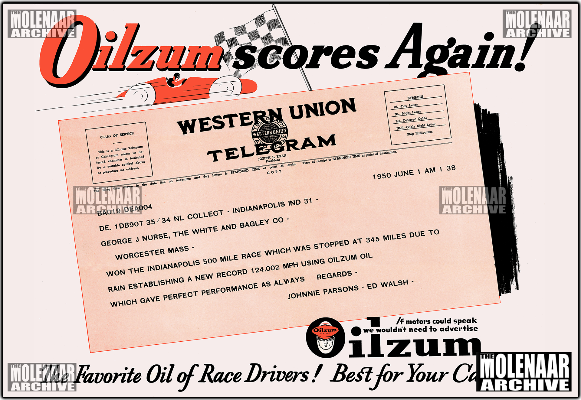 Vintage Oilzum Race Poster "Jonnie Parsons Indy 500 Record" June 1950