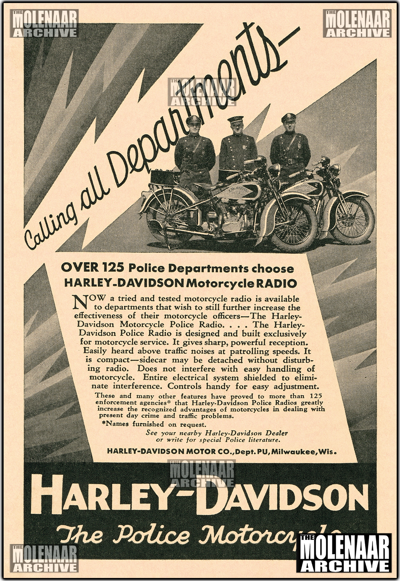 Vintage Molenaar Harley-Davidson Police Flyer/Poster- Calling all Departments!