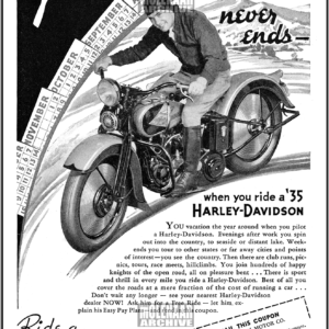 Vintage Harley-Davidson Advertisement Flyer – Vacation Time Never Ends 1935 VL