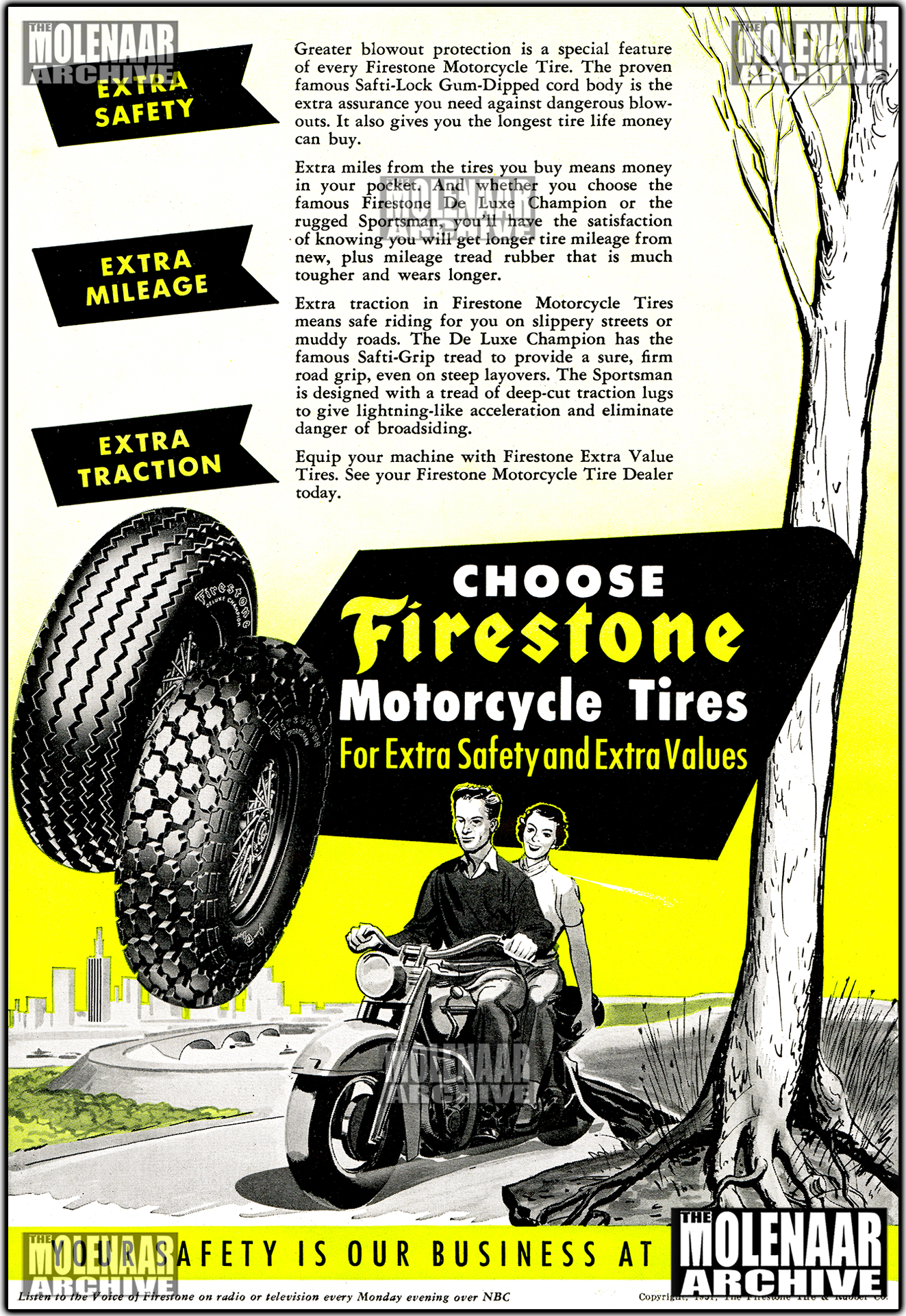 Vintage Harley-Davidson Advertisement Flyer - Firestone Motorcycle Tires 1951
