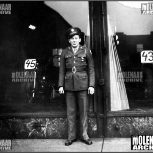 Vintage Photo Home on Leave, Race Team Bike in Window Molenaar Harley