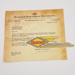 ORIGINAL HARLEY 1934 FACTORY LETTERHEAD (QUOTE FOR MONOGRAM) – VL, KNUCKLEHEAD