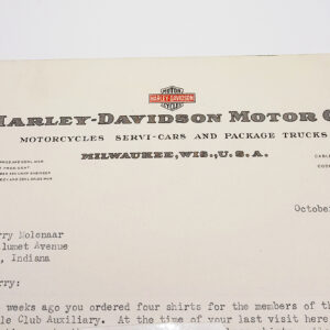 ORIGINAL HARLEY 1937 FACTORY LETTERHEAD (SHIRTS FOR ILLIANA MC) – KNUCKLEHEAD