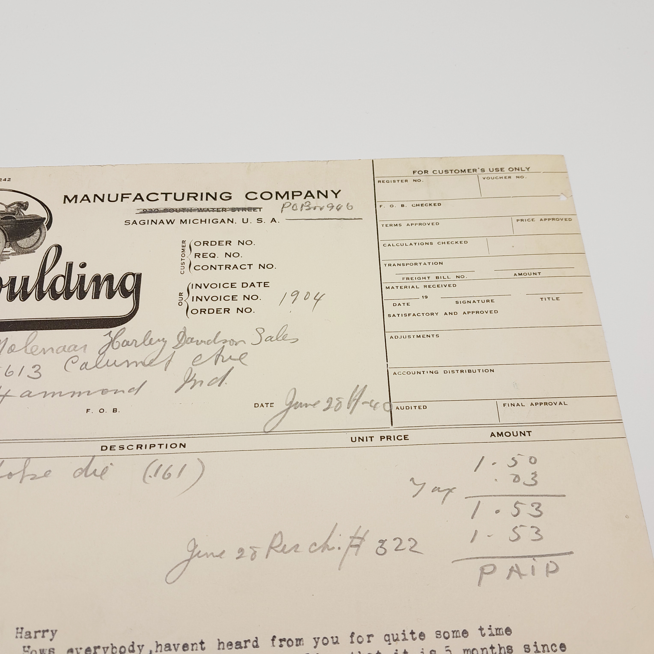 ORIGINAL HARLEY 1940 GOULDING SALE RECEIPT (SHOP DIE) – KNUCKLEHEAD