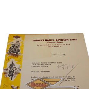 ORIGINAL HARLEY 1953 DEALER LETTERHEAD (LUBACK’s H-D) – PANHEAD, KNUCKLEHEAD