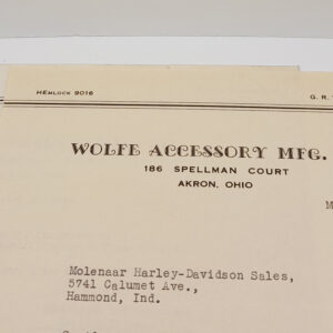 ORIGINAL HARLEY 1939 FACTORY LETTERHEAD (WOLFE ACCY.) – KNUCKLEHEAD