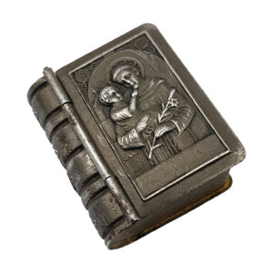 Antique German Pewter Rosary Box St. Anthony of Padua, Early 1900s