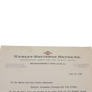 ORIGINAL HARLEY 1949 FACTORY LETTERHEAD (ACCY. CATALOG) – PANHEAD, KNUCKLEHEAD