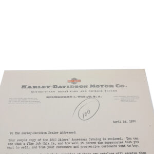 ORIGINAL HARLEY 1950 FACTORY LETTERHEAD (RIDERS ACCY. CATALOG) – PANHEAD